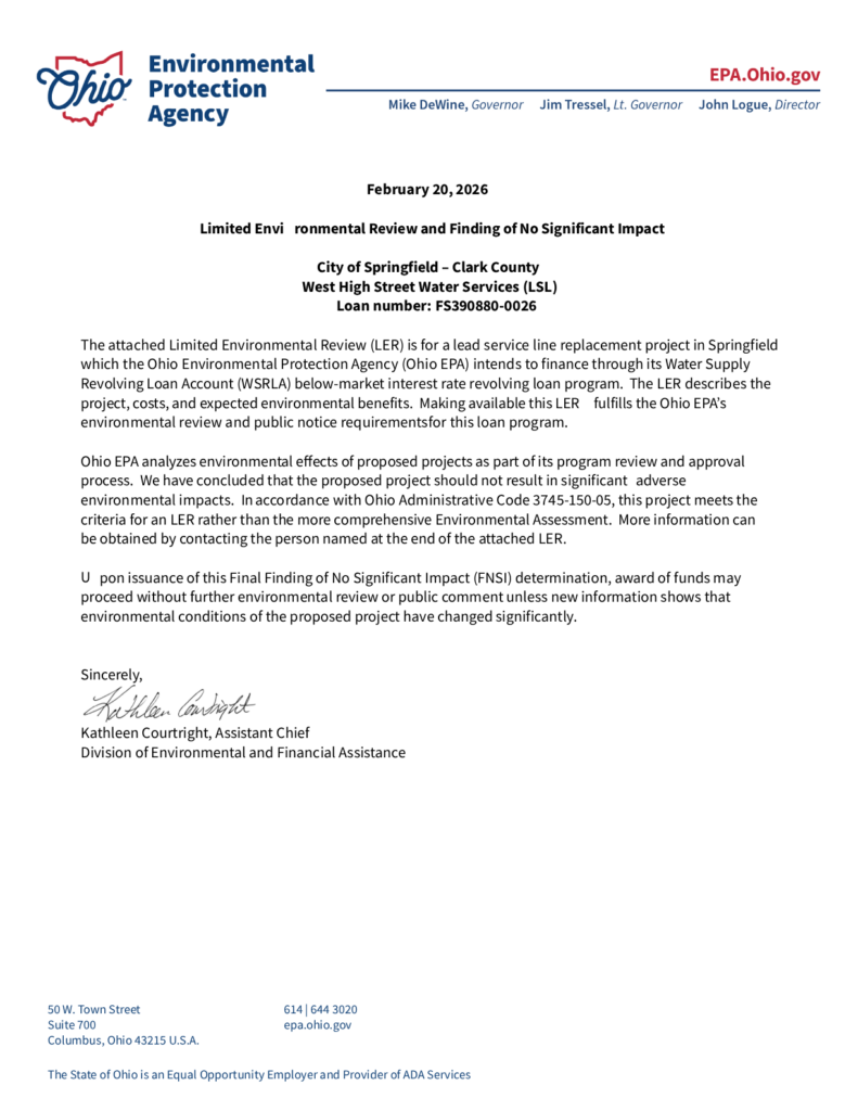 Limited Environmental Review and Finding of No Significant Impact for the West High Street Water Services Project